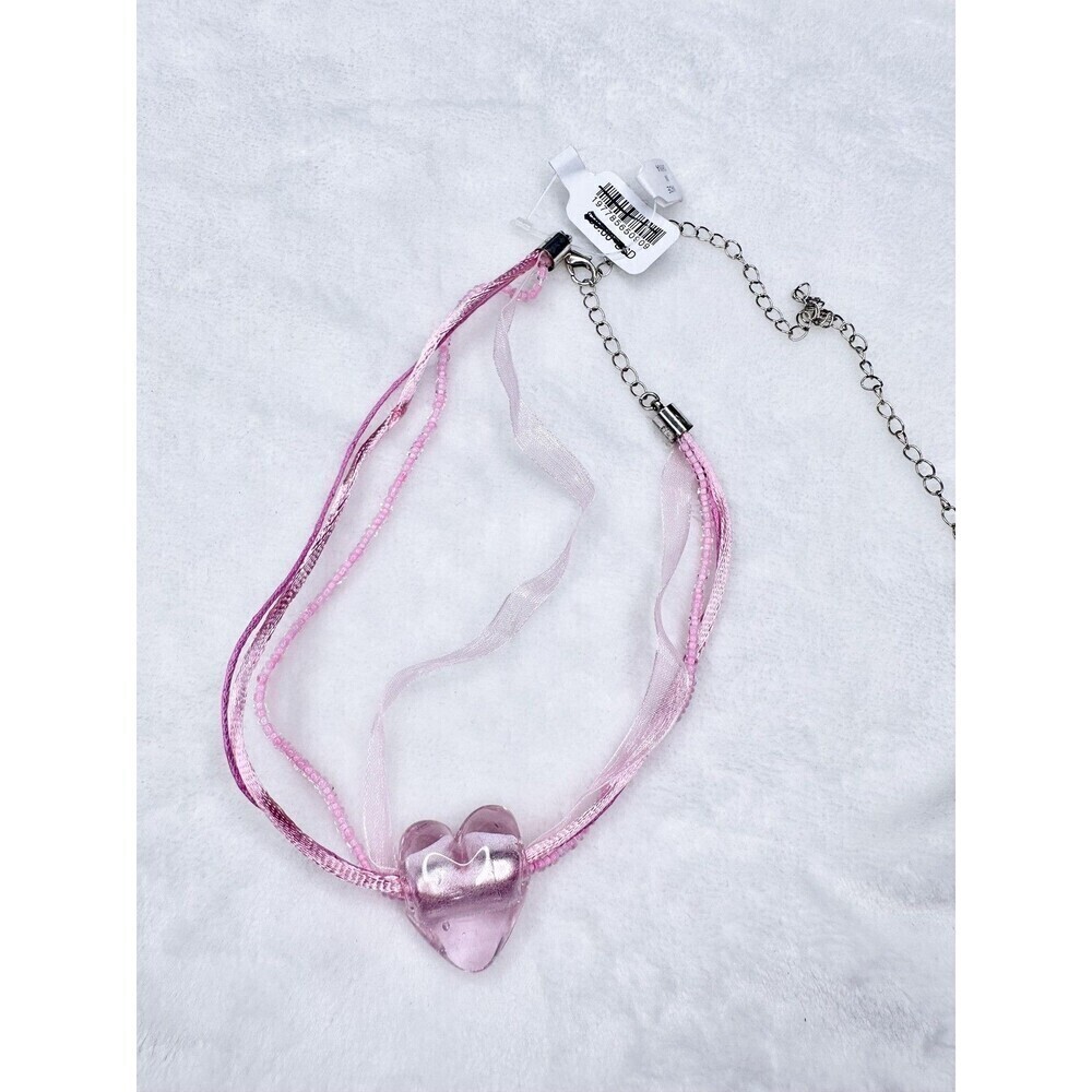 NEW Free People Pink Glass Charming Hearts Coquette Pendant Necklace Ribbon